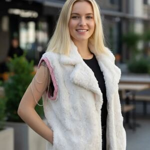 Authentic Faux rabbit fur handmade vest w/pink crochet trim /Chains